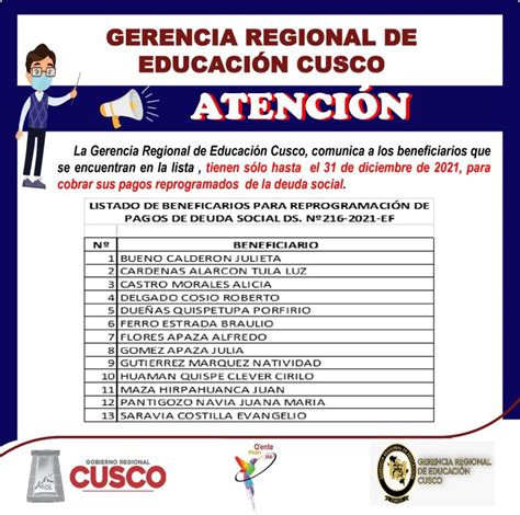 Pagos por DEUDA SOCIAL Gerencia Regional de Educación Cusco