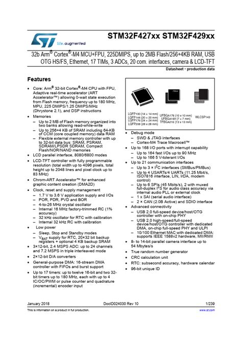 Stm32f427vi Stmicroelectronics Mcu Fpu Hoja De Datos Ficha Técnica