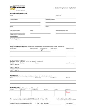 Fillable Online Www4 Uwm Student Employment Application PERSONAL