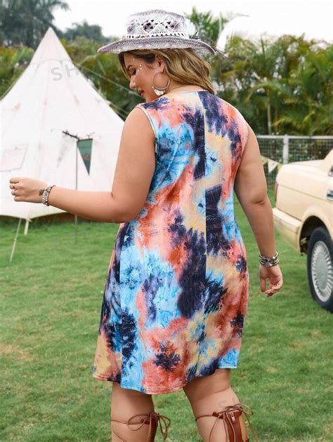 Shein Vcay Vestido Sem Mangas Plus Size Estampa Tie Dye Para