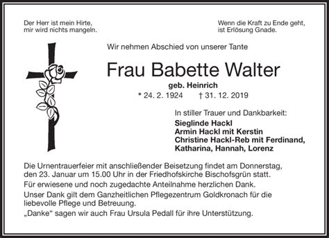 Traueranzeigen Von Babette Walter Nordbayerischer Kurier