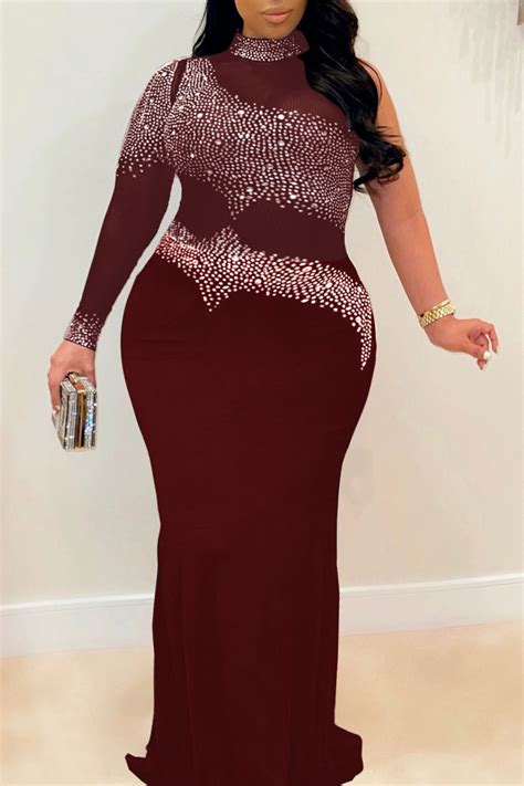 Wholesale Burgundy Sexy Plus Size Hot Drilling Patchwork See Through Turtleneck Evening Dress