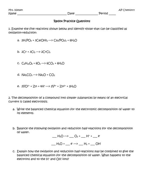 Chapter Worksheet Redox