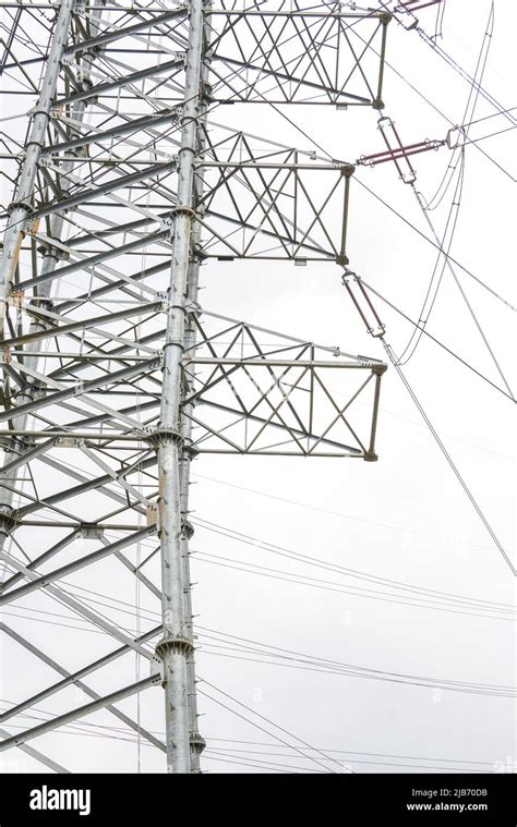 Close Up Of High Voltage Electrical Towers And Wires Outdoors Stock