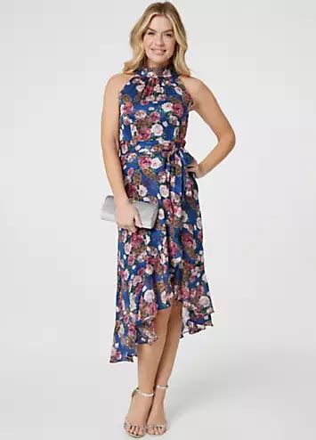 Izabel London Cobalt Blue Floral Frill Hem Midi Halter Dress Freemans