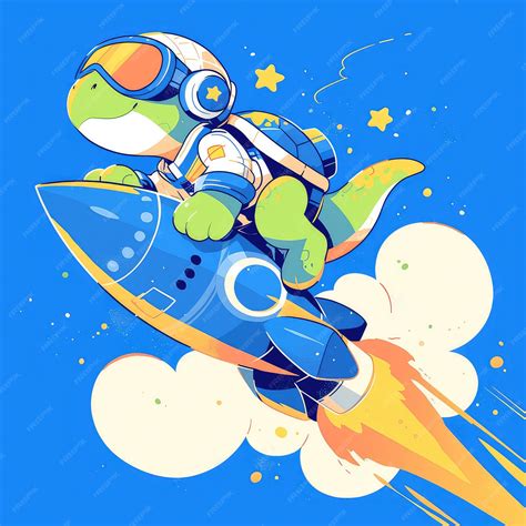 Premium Vector A Turtle Riding A Rocket Cartoon Style