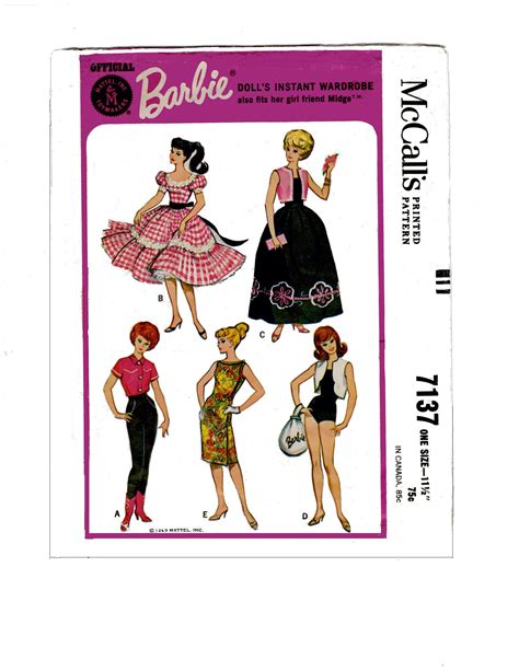 Pdf 60s Barbie Wardrobe Mccalls 7137 Sewing Pattern For 11 12 Dolls Annette Mitzi Gina Kay