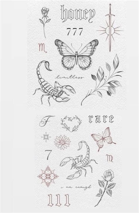 Some Tattoos That Are On The Back Of A Sheet Of Paper With Flowers And