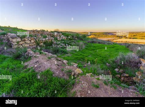 Sunset View Of Ancient Ruins And Countryside In Tel Lachish The