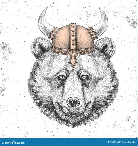 Hipster Animal Bear Wearing a Viking Helmet. Hand Drawing Muzzle of ...