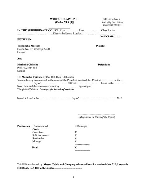 Writ Of Summons Template For A Writ Of Summon Writ Of Summons Sc