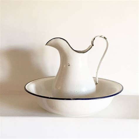 French Vintage White Enamel Pitcher And Bowl French Antique