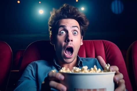 Premium Photo Surprised Young Man Watching Movie In Cinema With Popcorn