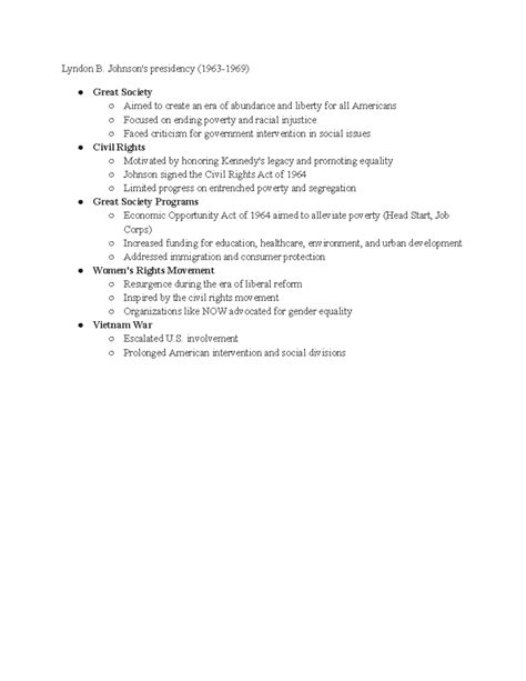Apush Chapter 28 Notes - Lyndon B. Johnson's presidency (1963-1969
