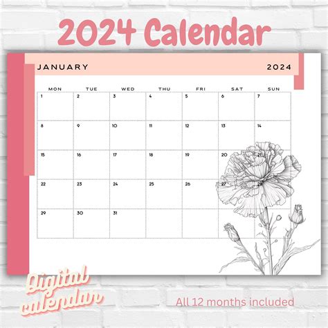 Digital 2024 Calendar Printable Calendar Birth Flower Calendar