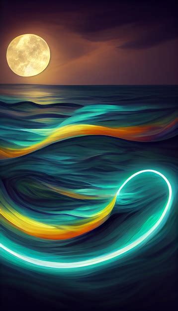 Pintura de una luna llena sobre el océano con un ai generativo de olas