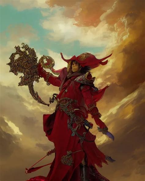 A Full View Of A Red Mage Wearing Magical Ornate Armor Stable