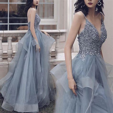 Spaghetti Straps Blue Gray V Neck Ruffles Lace Applique Prom Dresses