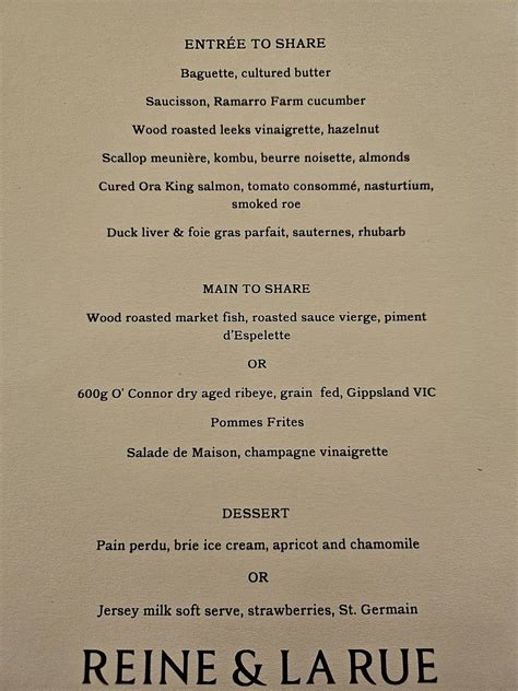 Menu at Reine & La Rue restaurant, Melbourne