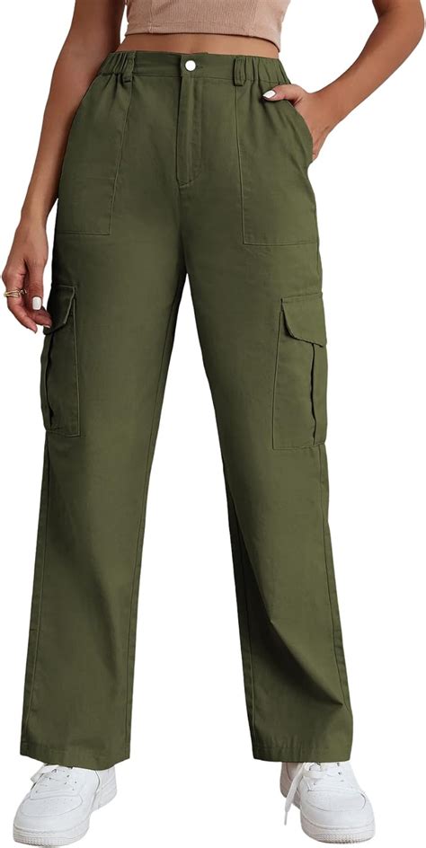 Sweatyrocks Womens Solid Stright Leg Cargo Pants Casual High Waist