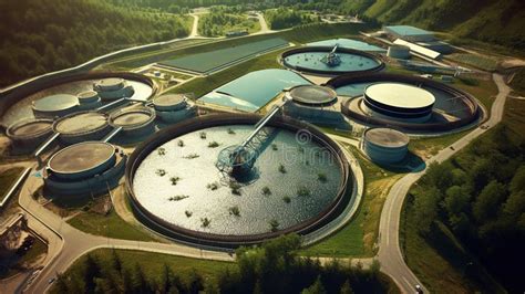 Aerial View Of Wastewater Treatment Plant Filtration Of Dirty Or