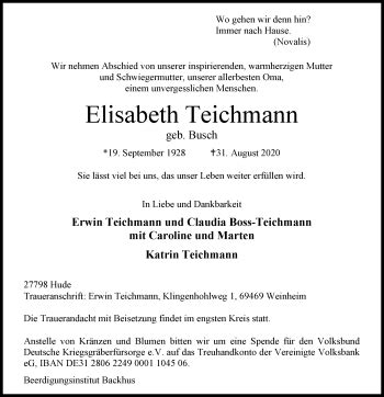 Traueranzeigen Von Elisabeth Teichmann Nordwest Trauer De