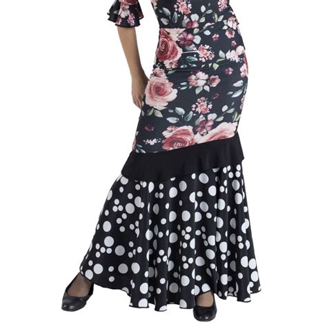 Black Flamenco Skirt Combined Flowers And Polka Dots Zapatos De Baile