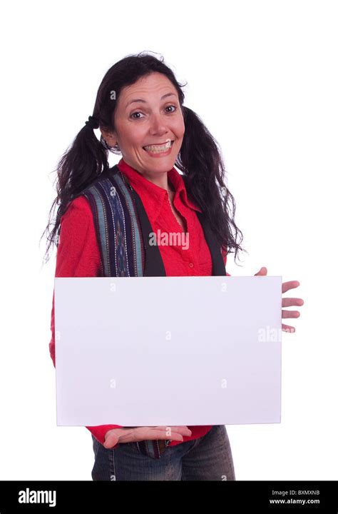 Cheerful Nerd Woman Mature Woman On 40s Holding An Empty Card To