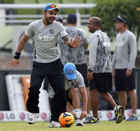 Practising the victory moves? Virat Kohli at a training session ...