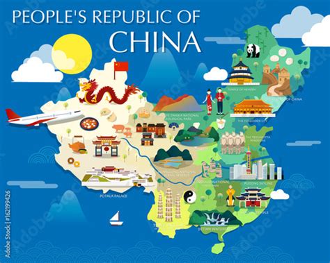 People's republic of China map with colorful landmarks illustration ...