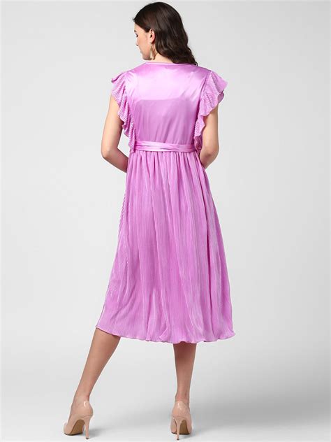 Womens Lavender Satin Pleating Evening Midi Dress Stylestone