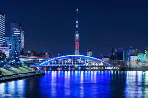 Tokyo Skytree And Eitai Bridge At Night Stock Photo Download Image