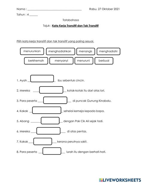 Latihan Kata Kerja Transitif Dan Tak Transitif Tahun 4 Ayat Aktif Nbkomputer