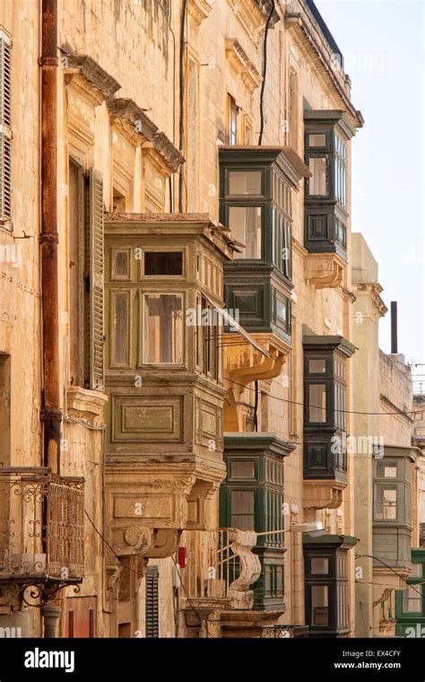 A Collection Of Spanish Style Balconies In Valletta Malta Stock Photo