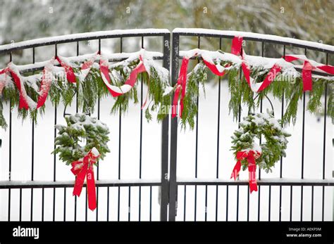 Gate With Christmas Wreaths And Decorations Stock Photo Alamy