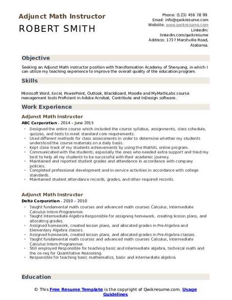 Adjunct Math Instructor Resume Samples Qwikresume