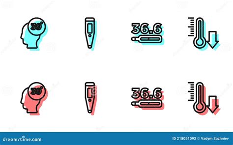 Set Line Medical Thermometer High Human Body Temperature Digital And Meteorology Icon Vector