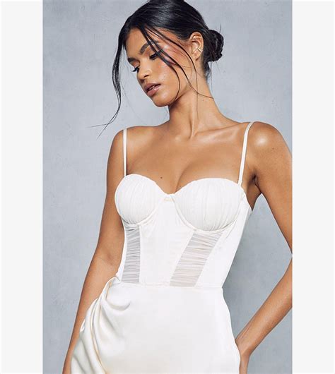 Buy Misspap Premium Mesh Insert Corset Satin Wrap Midi Dress In White