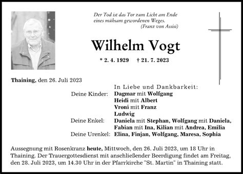 Traueranzeigen Von Wilhelm Vogt Augsburger Allgemeine Zeitung