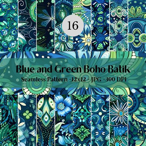 Blue And Green Boho Batik Seamless Patterns Watercolor Boho Batik