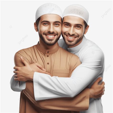 Felizes Dois Homens Muçulmanos Usando Boné E Kurta Tradicional Em Pose