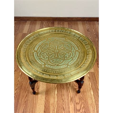 Anglo Indian Round Brass Tray Coffee Table On Folding Wooden Base Chairish