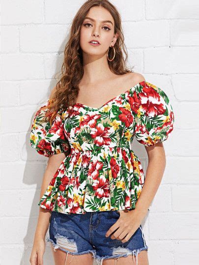 Shein Puff Sleeve Tropical Peplum Top Tops Party Dress Classy