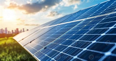 Solar panels are arranged in a field, absorbing sunlight during sunset