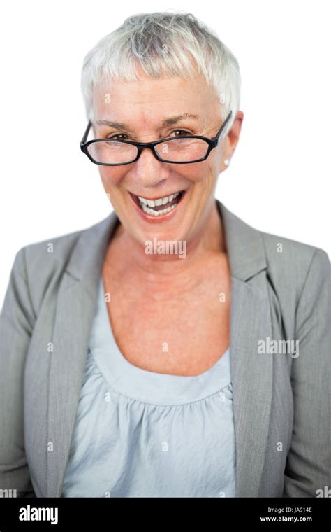 Smiling Mature Woman Wearing Glasses On White Background Stock Photo