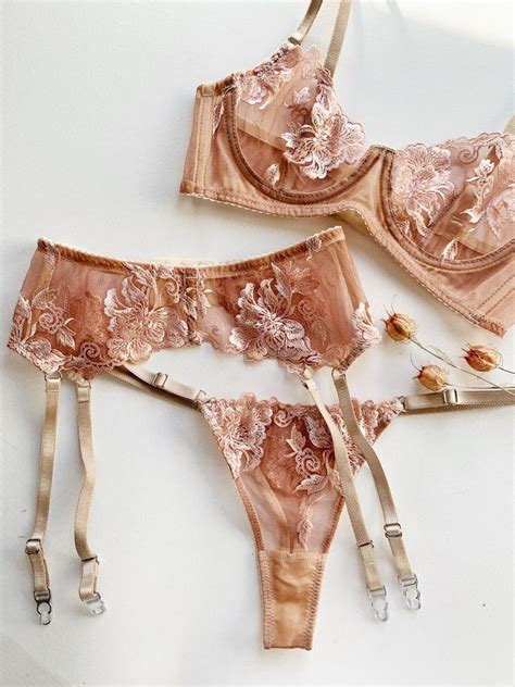 VALERIE NUDE MESH Embroidery Lingerie Set With Garter Belt Etsy