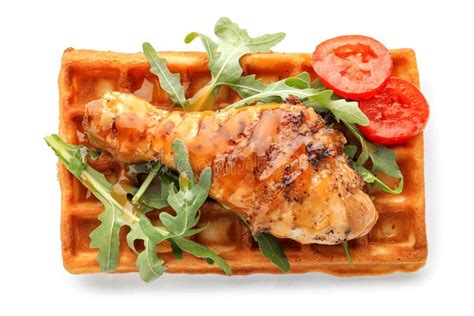 Delicious Waffle With Chicken Drumstick On White Background Stock Image Image Of Calories