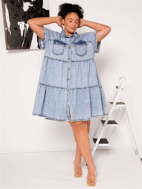 Shein Curve Plus Flap Pocket Ruffle Hem Denim Dress Shein Usa