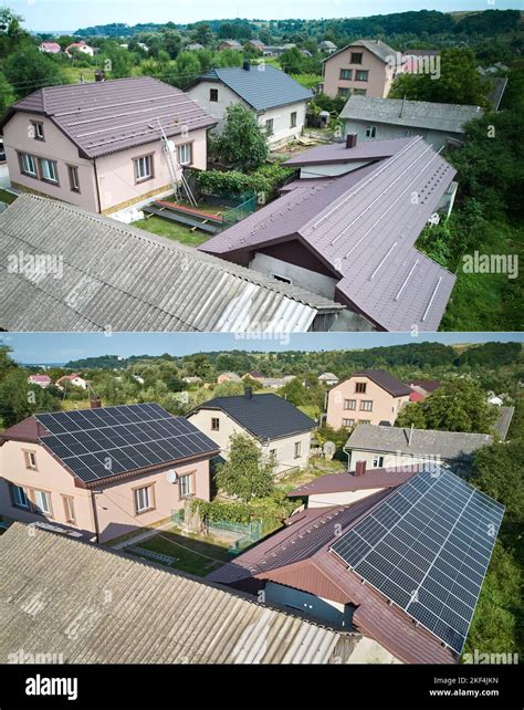 Collage Of Photos Of Installation And Ready Solar Panels On The Roof Of