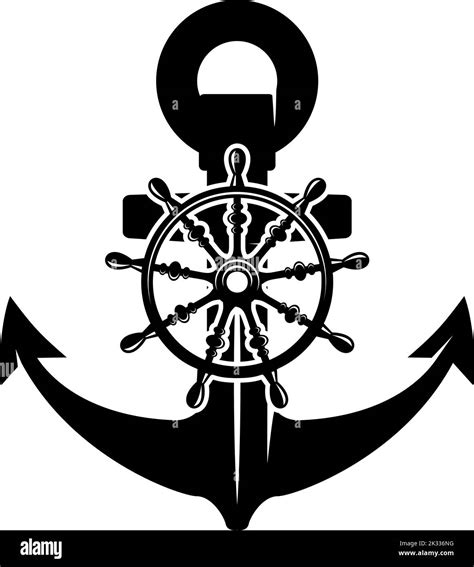 Illustration Of An Anchor With Ship Steering Wheel In Monochrome Style